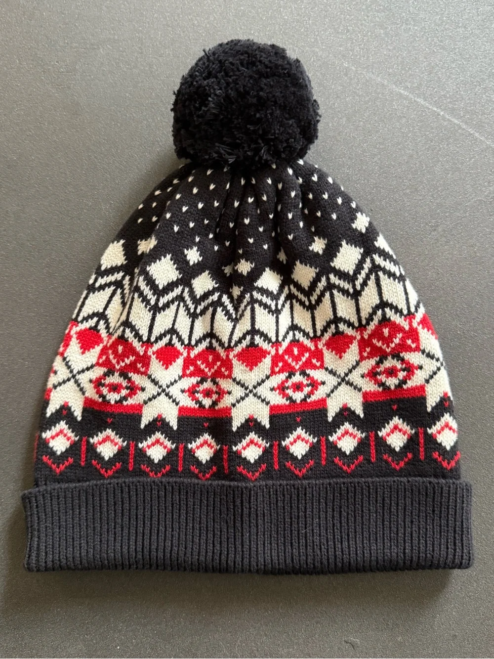 Hanna Andersson 100% Cotton Nordic Black Red White Fair Isle Pom Hat Adult XL